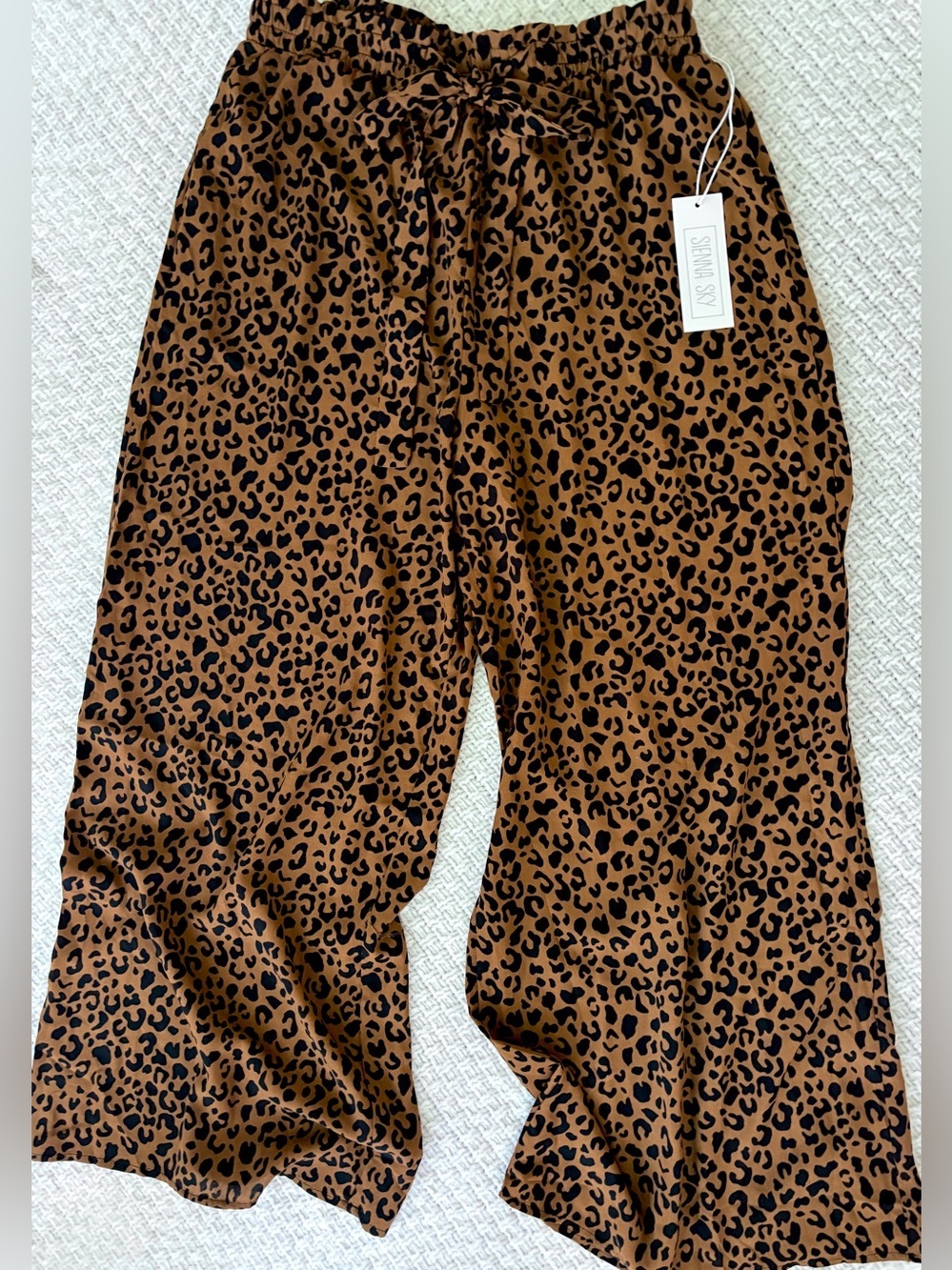 Sienna Sky Pants Leopard Print Wide Leg Paperbag Bow Waist Silky Dress Pant L